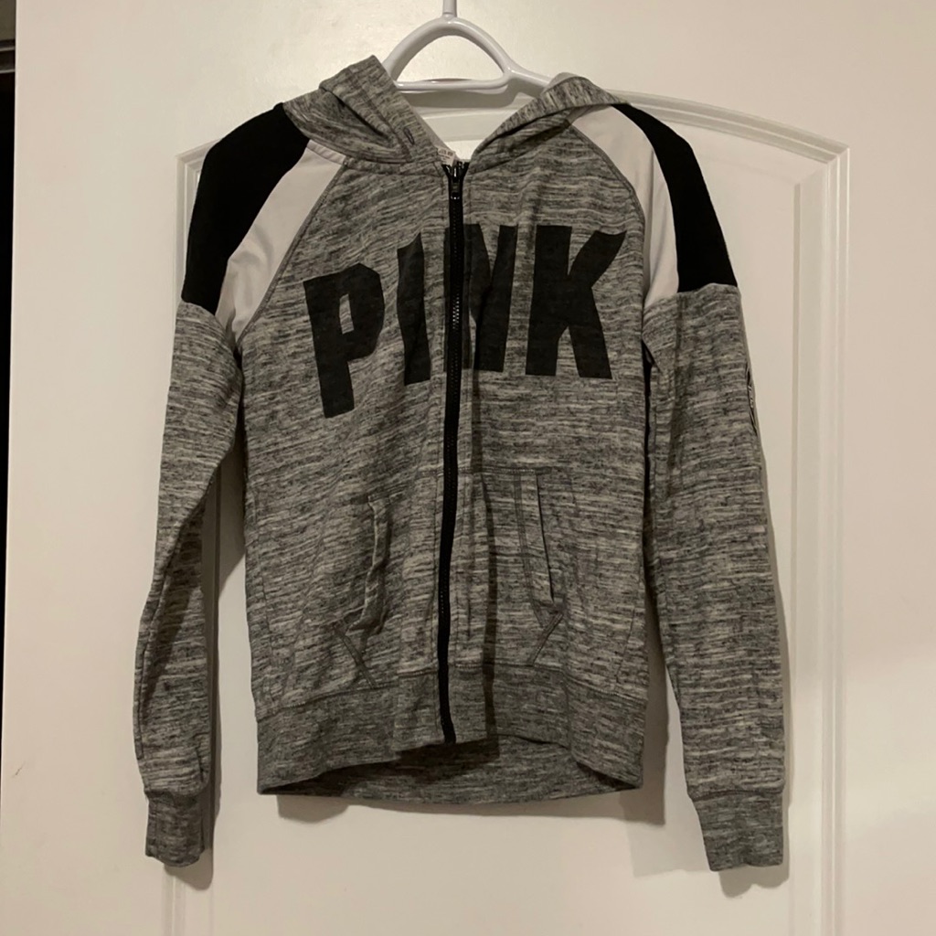 Victoria’s Secret Pink Zip Up Black And White And Gray Hooded Jacket Medium